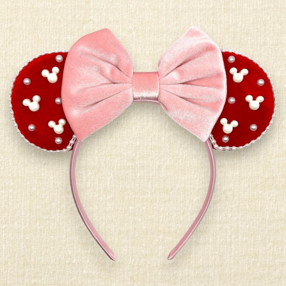 Red Velvet Pearl Minnie Ears – Pastel Pink Bow | Disney-Inspired Mouse Ears